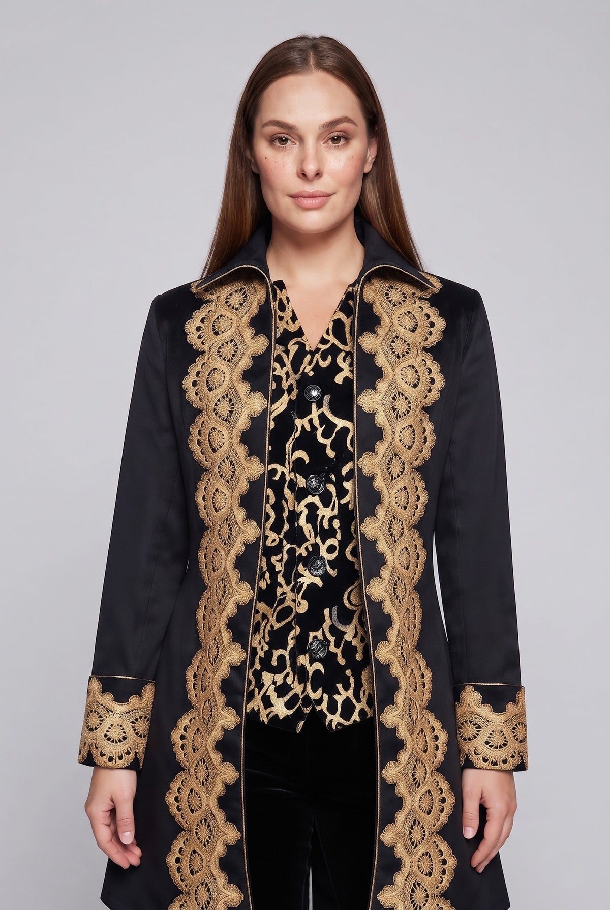 Women's elegant tailcoat with fine gold embroidery and asymmetrical hem EVA-US