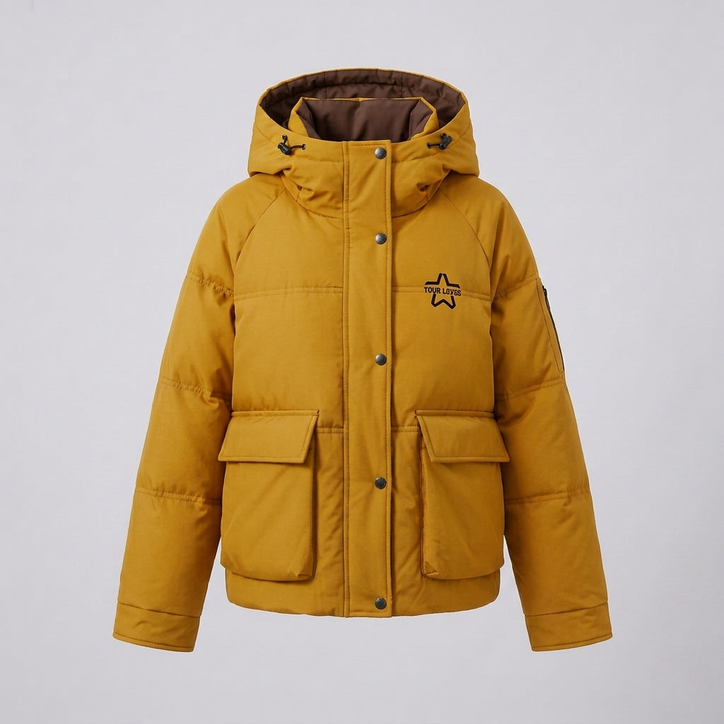 Women's nan boxy puffer jacket with concealed two-way front, contrasting inner panel and functional flap pockets