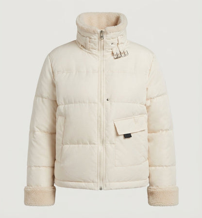 Ladies' short padded quilted jacket with teddy collar, turn-up cuffs and cargo pockets