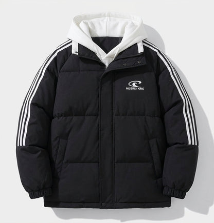 Women's padded sporty oversized puffer jacket with hood trim, contrast stripe sleeves and windproof outer shell