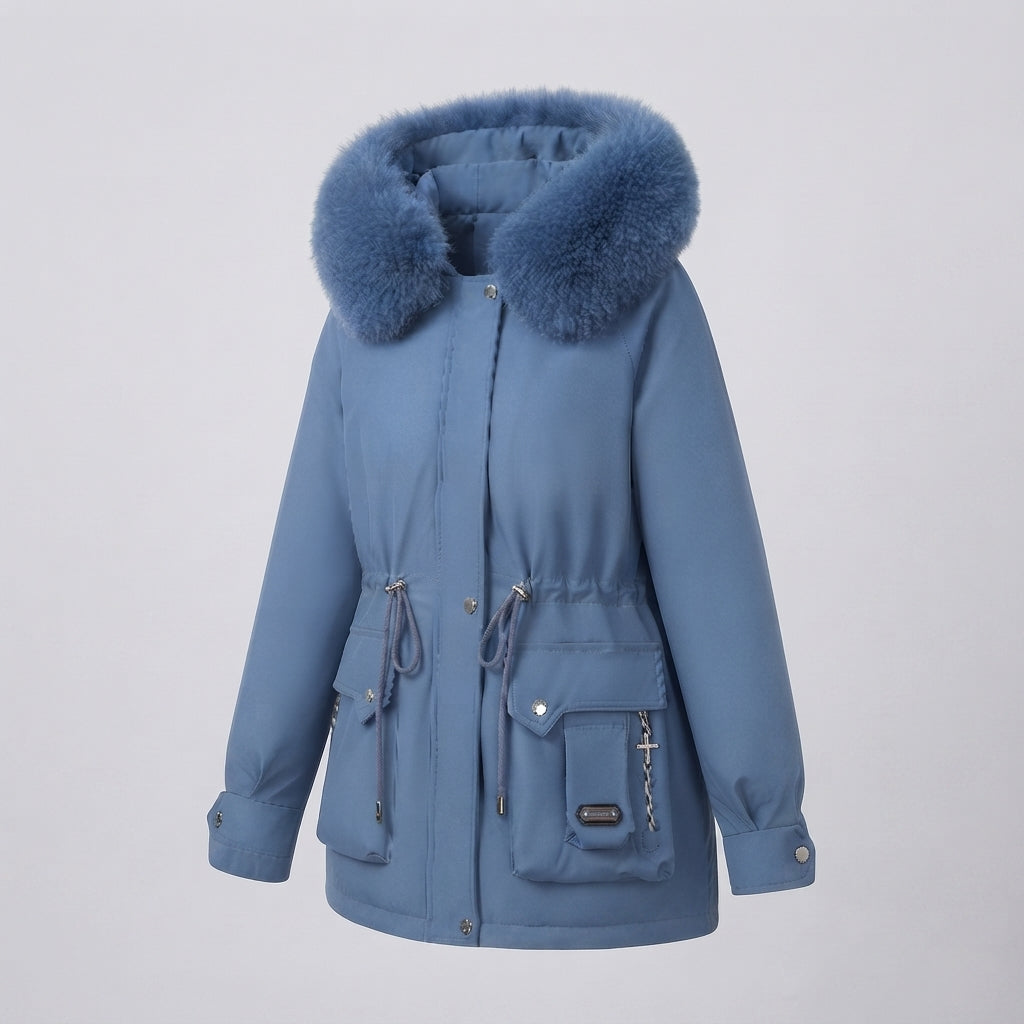 Women's short insulated utility parka with modular cargo pockets and voluminous fur collar