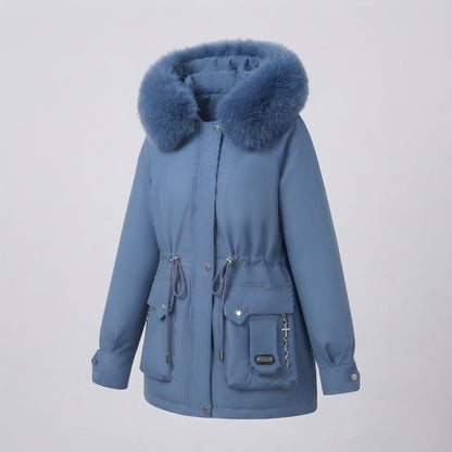 Women's short insulated utility parka with modular cargo pockets and voluminous fur collar