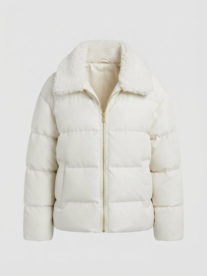 Women’s non-padded puffer jacket with glitter effect and cozy faux fur collar