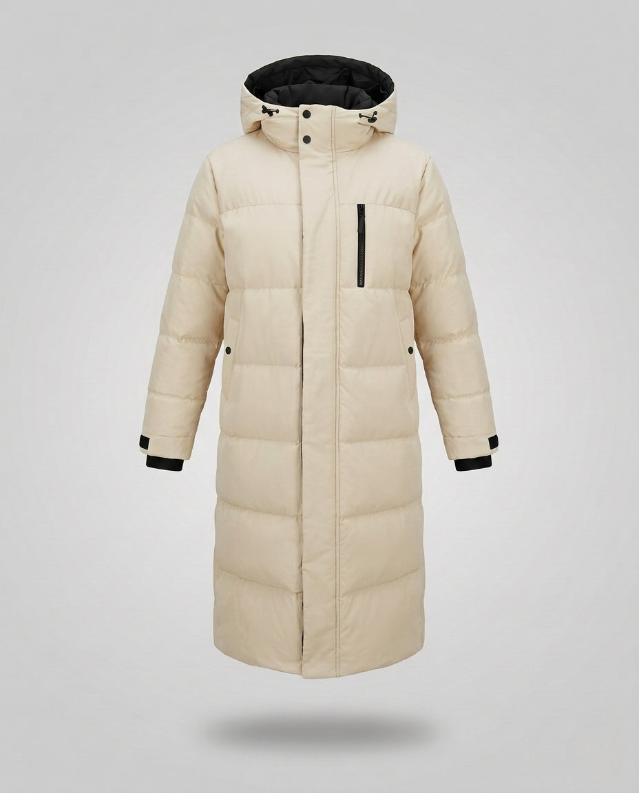 Women's extra long padded thermal coat with integrated hood, concealed two-way zipper and trendy block quilting