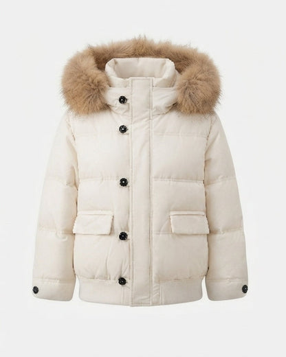 Ladies' short quilted bomber with removable faux fur collar and spacious flap pockets