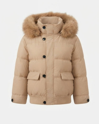 Ladies' short quilted bomber with removable faux fur collar and spacious flap pockets