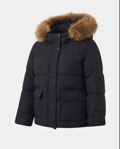 Ladies' short quilted bomber with removable faux fur collar and spacious flap pockets