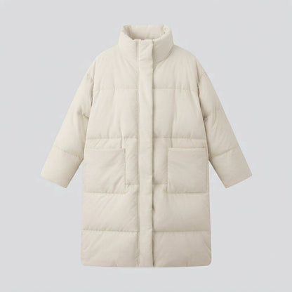 Women's nano extralong padded comfort puffer with noise-reducing surface, high stand collar, and generous oversized silhouette