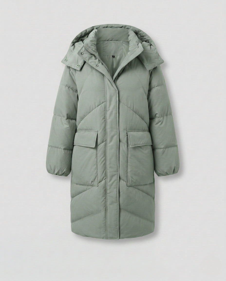 Women's nan extralong thermal quilted coat with noise-reducing outer material and concealed two-way zipper