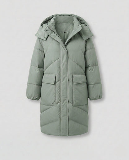 Women's nan extralong thermal quilted coat with noise-reducing outer material and concealed two-way zipper