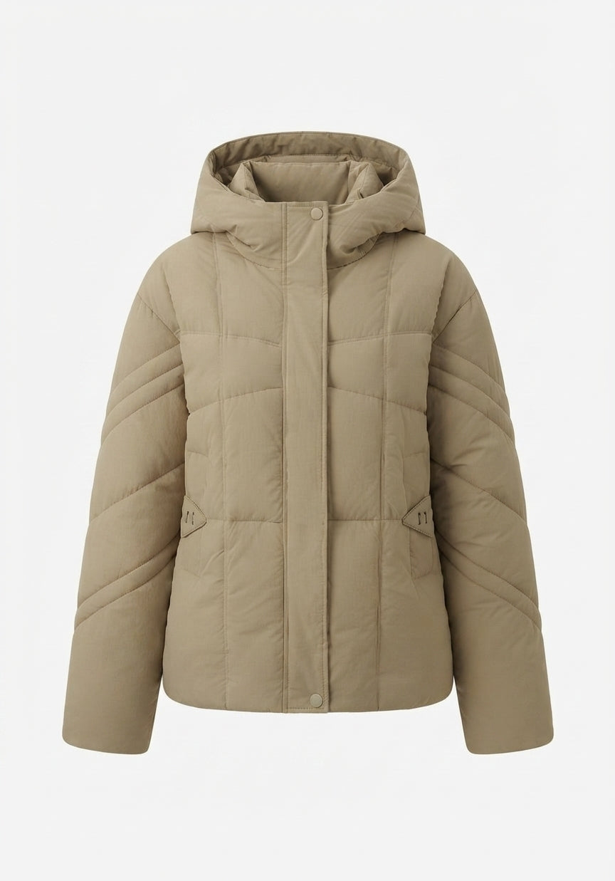 Women's short padded quilted jacket with square quilting, high standing collar, hood, and thumb hole cuffs