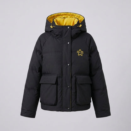 Women's nan boxy puffer jacket with concealed two-way front, contrasting inner panel and functional flap pockets