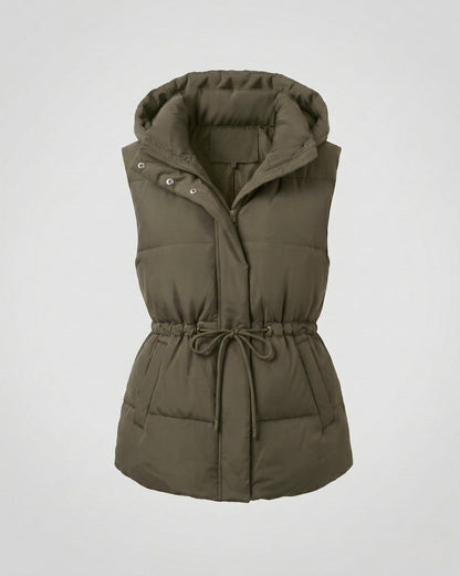 Women's quilted hooded vest with waist drawstring, padded thermal filling, and generous side pockets