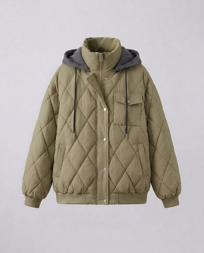 Women's oversized short jacket with diamond quilting, stand-up collar, and flap pockets