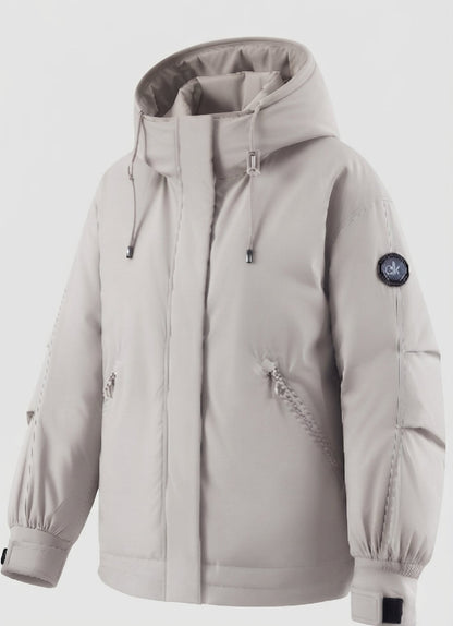 Women's nan windproof hoodie parka in a short cut with thermal padding and concealed front placket