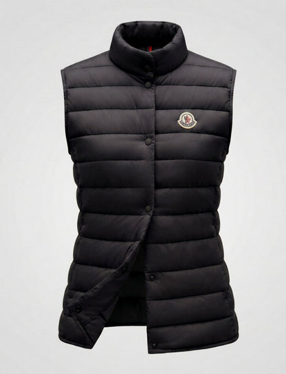 Women’s sleeveless quilted insulation vest with high stand-up collar and concealed snap button placket