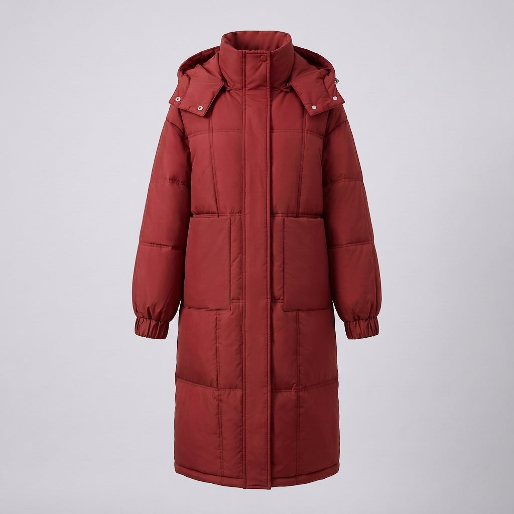 Women's nan extra long straight quilted coat with noise-reducing outer shell, elastic cuffs, and deep sideseam pockets