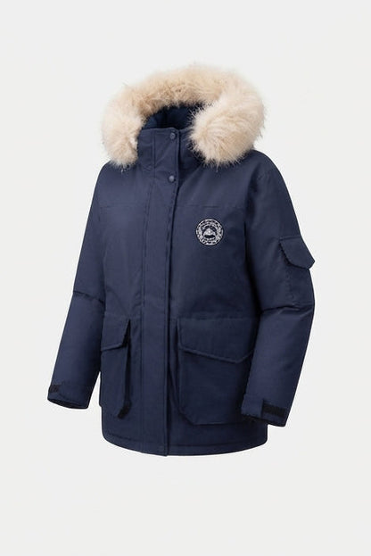 Ladies' padded oversized parka with detachable faux fur hood, large cargo flap pockets, and warming thermal insulation