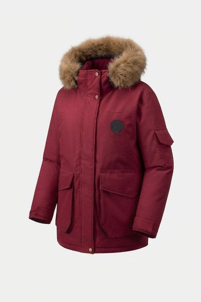 Ladies' padded oversized parka with detachable faux fur hood, large cargo flap pockets, and warming thermal insulation