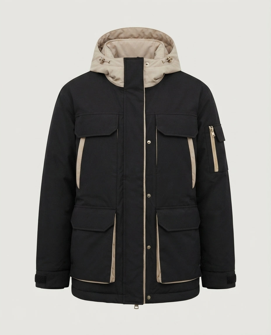 Women's oversized parka with removable quilted inner vest, high collar, and large flap pockets