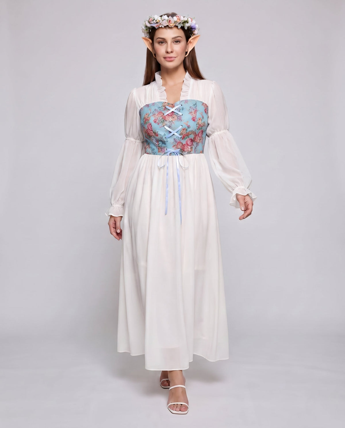 Women Romantic Maxi Dress with Ruffles and Floral Pattern EVA-US