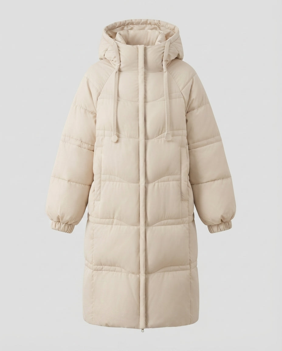 Women's extra-long padded hooded coat with generous square quilting, windproof outer shell, and comfortable thermal lining