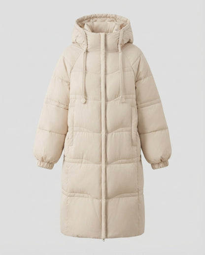 Women's extra-long padded hooded coat with generous square quilting, windproof outer shell, and comfortable thermal lining