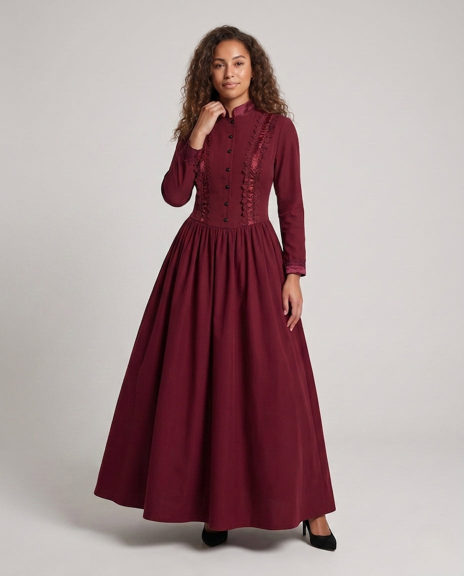 Women Elegant Historical Dress with Detailed Floral Embroidery EVA-US