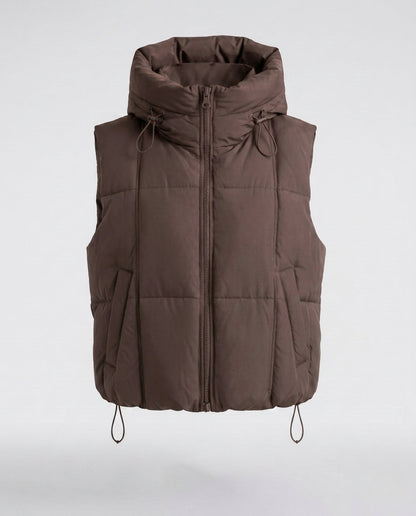 Women's quilted hooded vest with adjustable drawstring and two-way zipper