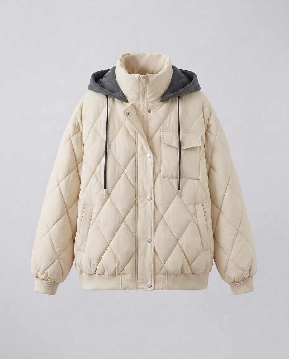 Women's oversized short jacket with diamond quilting, stand-up collar, and flap pockets