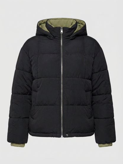 Women's short padded city puffer jacket with contrasting inner trim, hood, and insulating climate padding