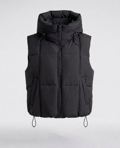 Women's quilted hooded vest with adjustable drawstring and two-way zipper
