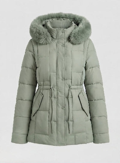 Women's nano padded parka with removable faux fur trim, adjustable drawstring at the waist and thermal insulation padding