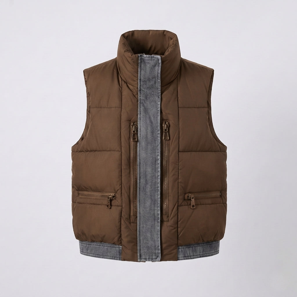 Women's quilted sleeveless quilted vest with high collar, jeans-look inner flap and concealed zipper pockets