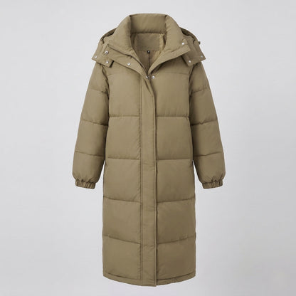 Women's extra long quilted thermal coat with hood, two-way zipper and noise-reducing outer material