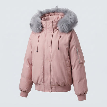 Women's short quilted city bomber with voluminous hood, drawstring, and windproof thermal lining