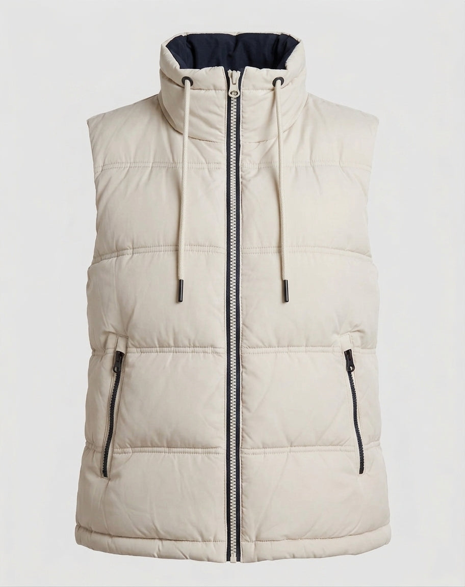 Women's quilted sleeveless thermal vest with high stand-up collar and adjustable hem