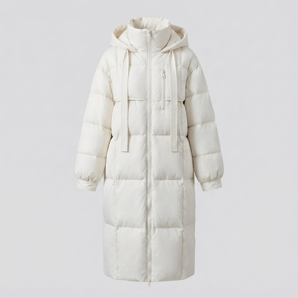 Women's extra-long quilted hooded coat with padded thermal filling, two-way zipper and oversized silhouette