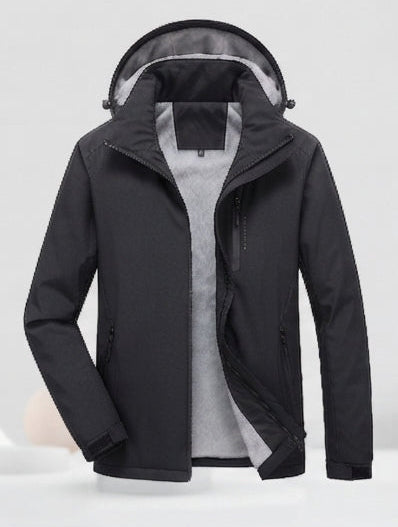 Men's waterproof hooded transitional jacket with thermal lining, windproof membrane, and concealed zipper