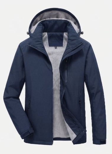 Men's waterproof hooded transitional jacket with thermal lining, windproof membrane, and concealed zipper