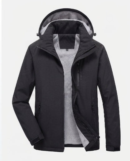 Men's waterproof hooded transitional jacket with thermal lining, windproof membrane, and concealed zipper