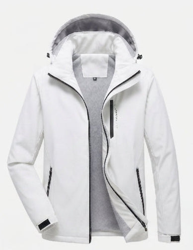 Men's waterproof hooded transitional jacket with thermal lining, windproof membrane, and concealed zipper