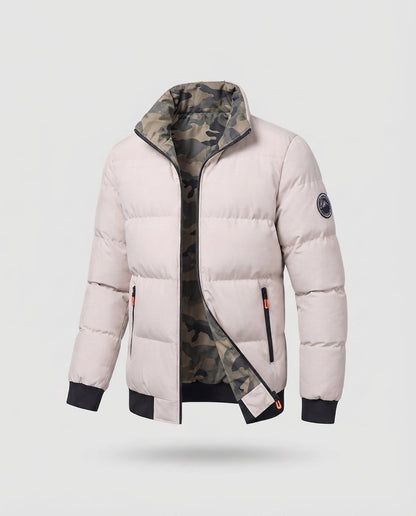Men's Modern City Puffer with high closed collar, thermal insulation padding, concealed two-way zipper, and zip pockets