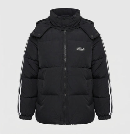 Unisex oversized quilted jacket with contrast stripes on sleeves, high-closing collar, and hood placket