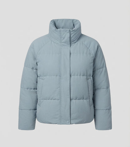 Women's short Cloud puffer jacket in boxy cut with square quilting, high stand-up collar and concealed press button placket