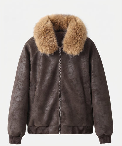 Women's short bomber jacket with voluminous faux fur collar and soft velvet lining