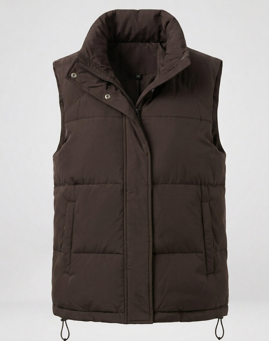 Women's quilted insulation vest with extra high polo collar, concealed snap button placket and side zip pockets