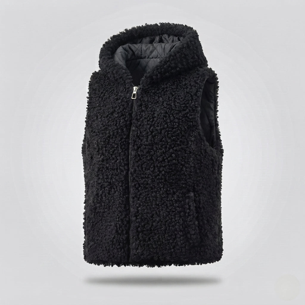 Women's sleeveless teddy vest with hood, padded lining and practical side pockets