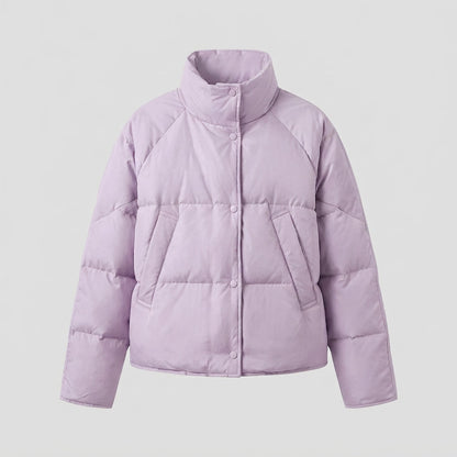 Women's short Cloud puffer jacket in boxy cut with square quilting, high stand-up collar and concealed press button placket