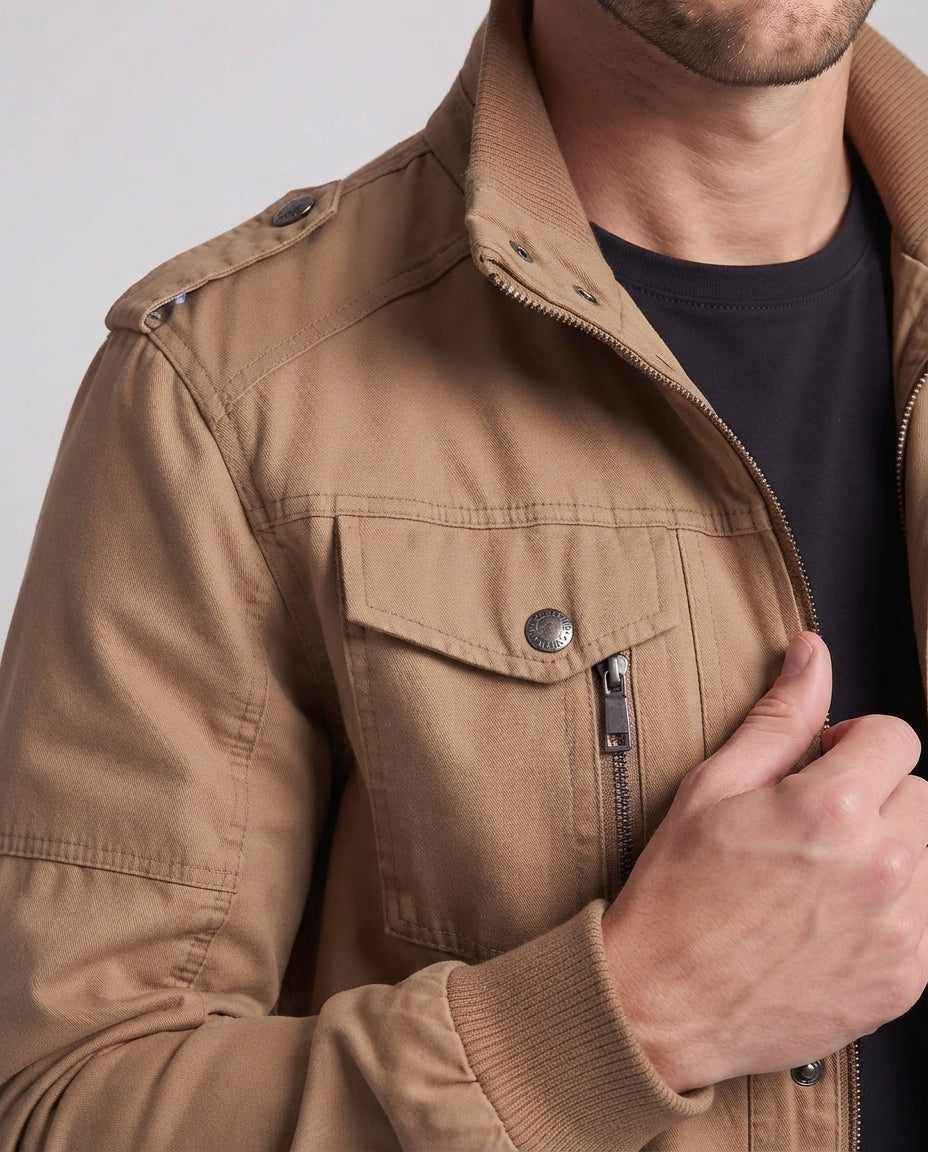 Men's Canvas Field Jacket in Military Look with Stand-up Collar, Epaulettes and Chest Flap Pockets EVA-US